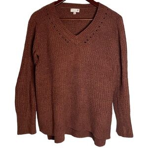 So Brown Oversized Knit Long Sleeve Sweater Split High Low Hi Lo Hem V Neck XS
